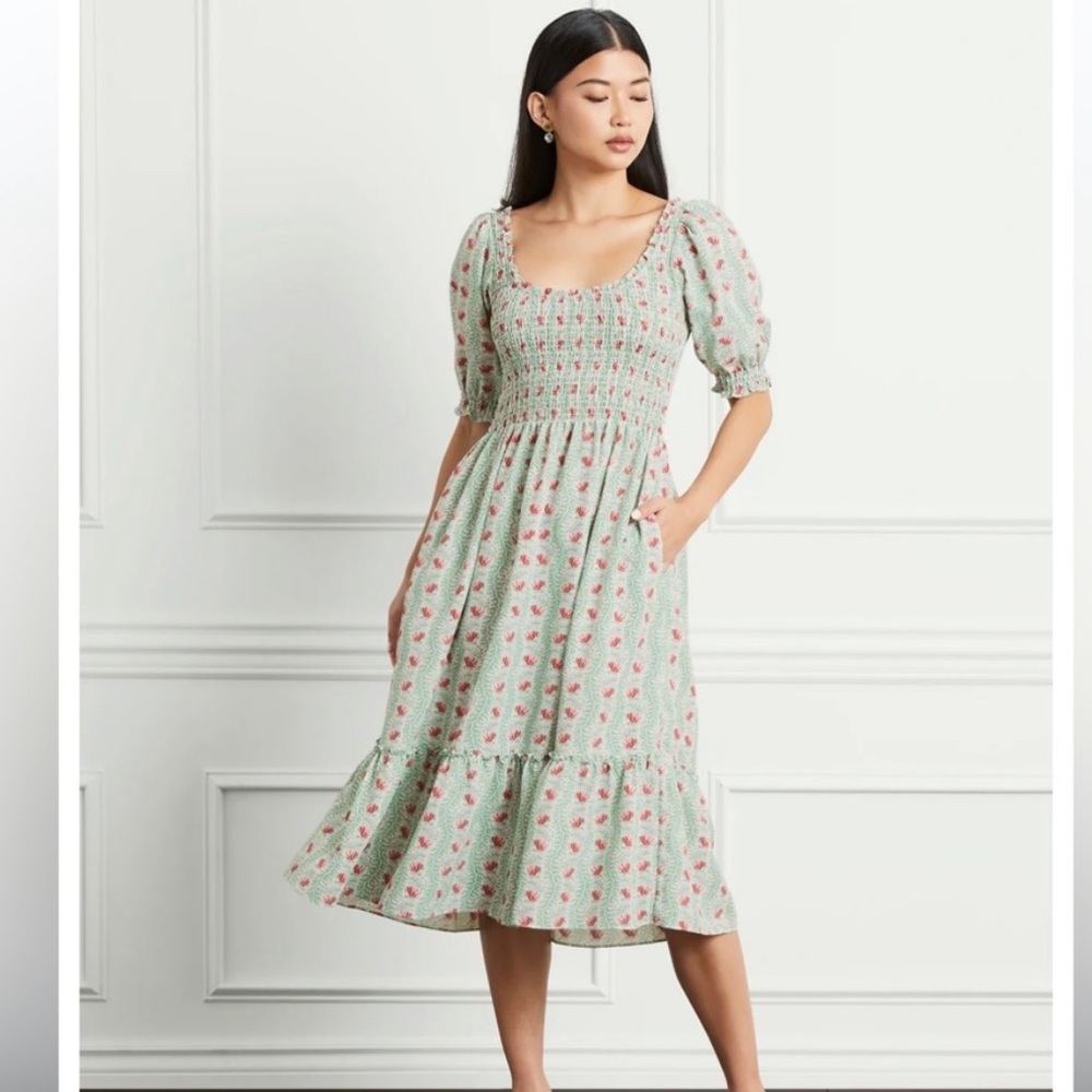 Hill House Mint Green Midi Dress with Pink Floral Print